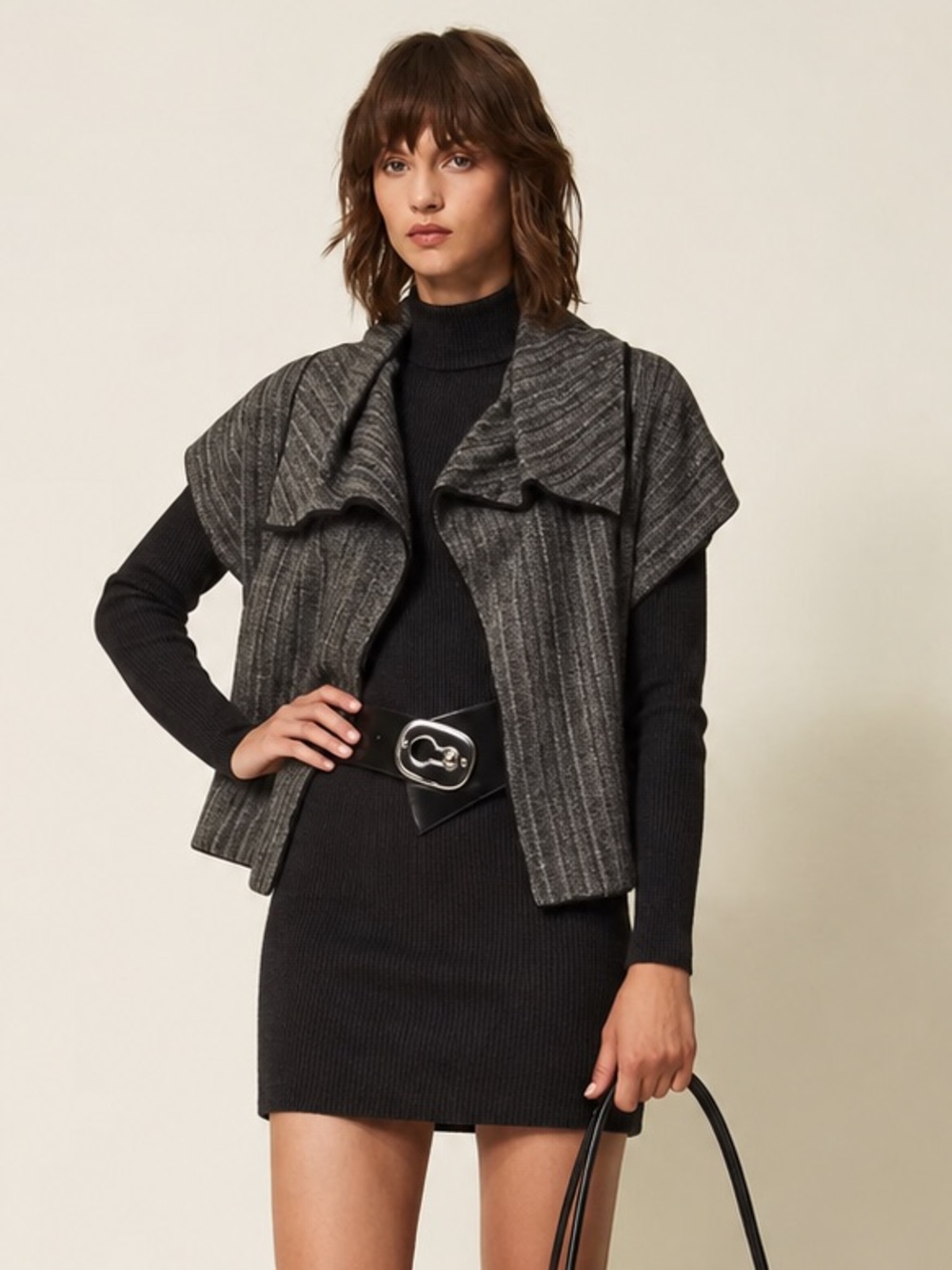 Hugo Boss Herringbone Knit Draped Vest Gilet Angora Blend Gray Short Sleeve XS